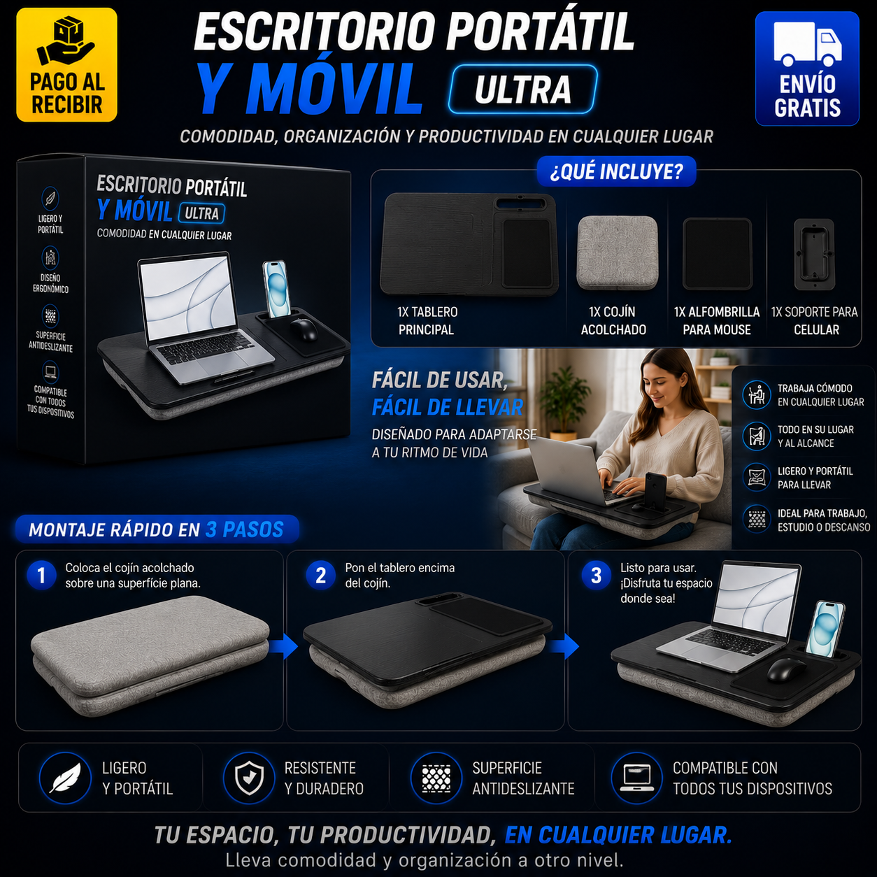 Escritorio portátil con cojín para ordenador