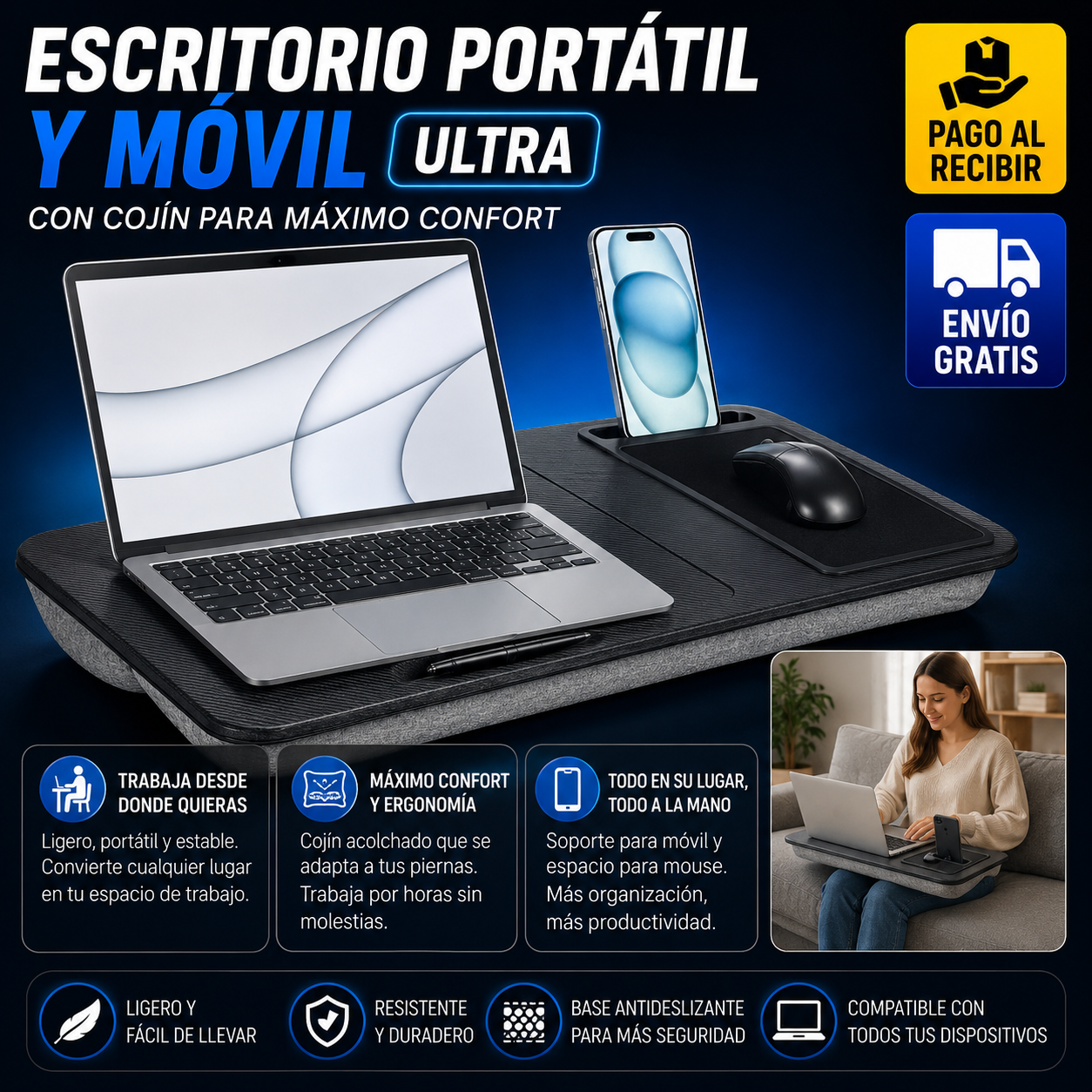 Escritorio portátil con cojín para ordenador
