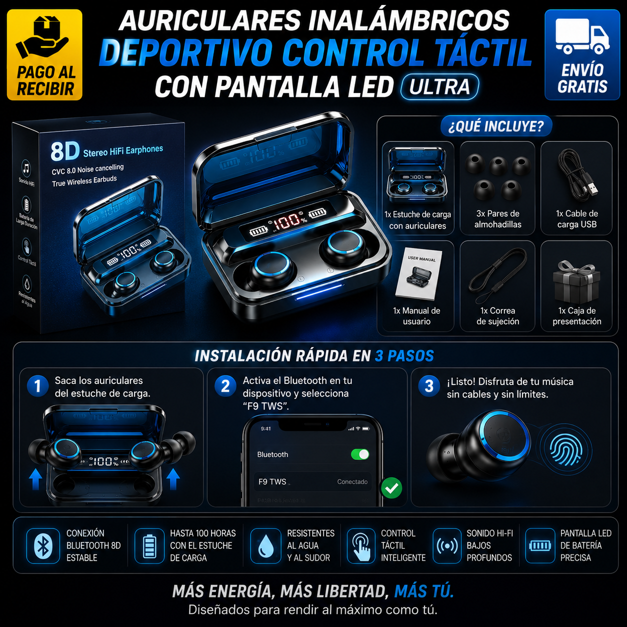 Auriculares inalámbricos deportivo control táctil